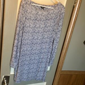 Tart Blue and White Sheath Dress with Cuffed Long Sleeves